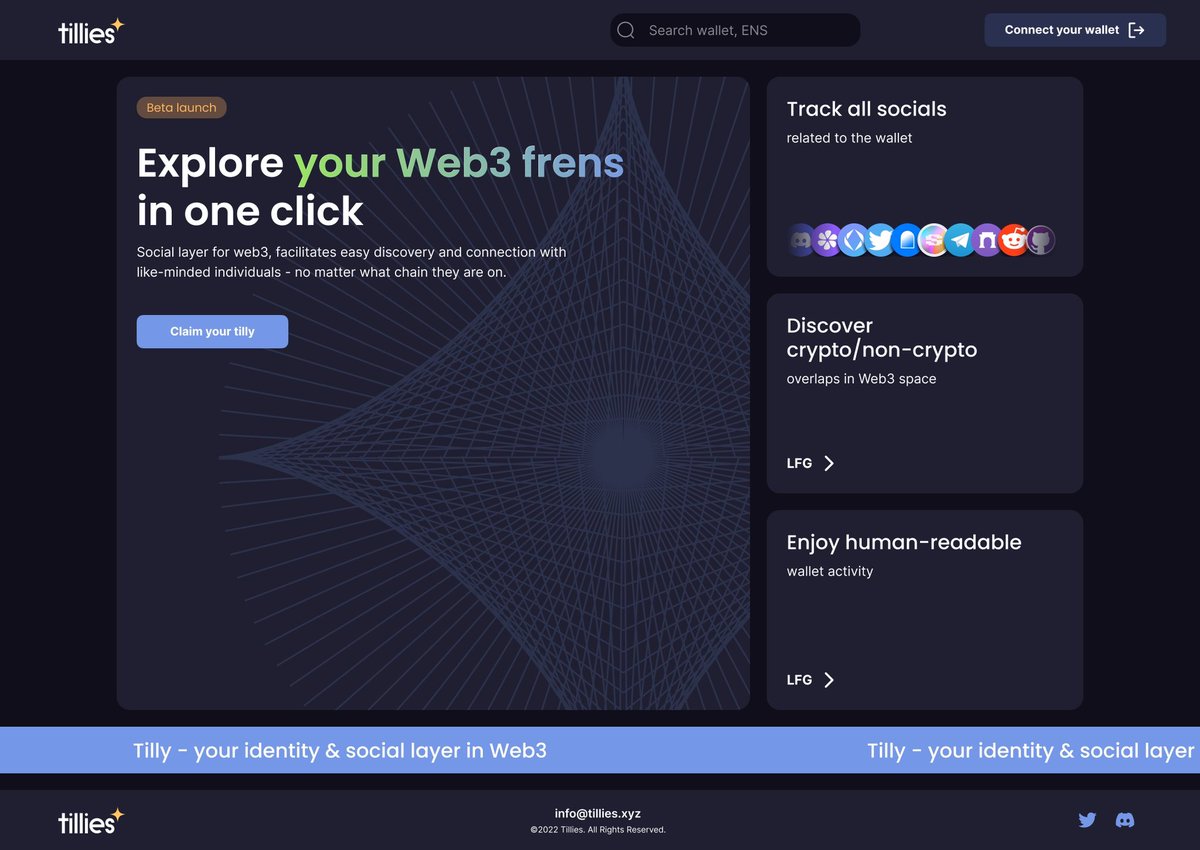 Tillies is the ultimate platform for exploring the people of #Web3! Get easy access to all socials related to wallets and connect with like-minded individuals based on crypto &amp; non-crypto overlaps💥🤝 #SocialLayerForWeb3 #Crypto #NFTs