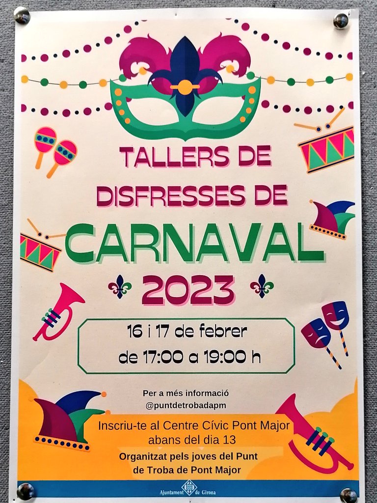 AVPontMajor's tweet photo. Tallers de disfresses de #Carnaval.
📆 16 i 17 de febrer
⏰ de 17h a 19h
📍 Centre Cívic #PontMajor #Girona #ccpontmajor https://t.co/KKzugVEYGO
