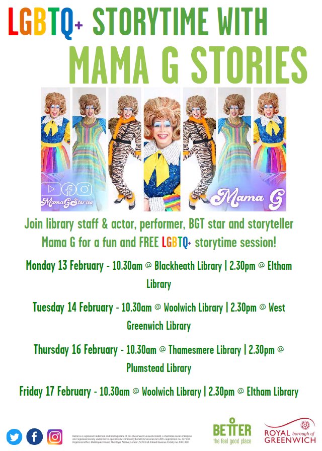 GreenwichLibs's tweet photo. We're so excited to see the fabulous @MamaGStories at different #GreenwichLibraries over the February half term ✨ Join us for some fun #Storytimes in celebration of LGBT History Month 📚#LGBTHM @LDNLibraries @Royal_Greenwich @Better_UK #LoveYourLibrary @greenwichlibs https://t.co/8wqhCgigcg