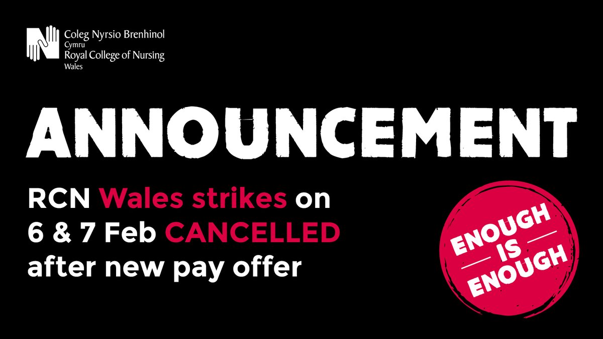 #RCNStrike action has been cancelled in Wales next week following a new NHS pay offer from the Welsh government. This offer will be put to our members in Wales.
Make sure your contact details are up to date on MyRCN.
Read more: rcn.org.uk/news-and-event…