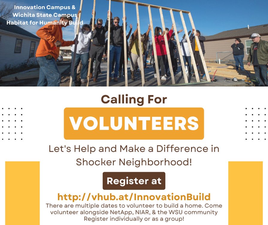 WSU_CSB's tweet photo. Want to volunteer alongside some of our Innovation Campus Partners? 

The Office of Engagement is helping organize NetApp’s efforts to sponsor and volunteer at a Wichita Habitat for Humanity build. We’re targeting builds in our Shocker Neighborhood, as early as February 15th! https://t.co/0OunWaqeje