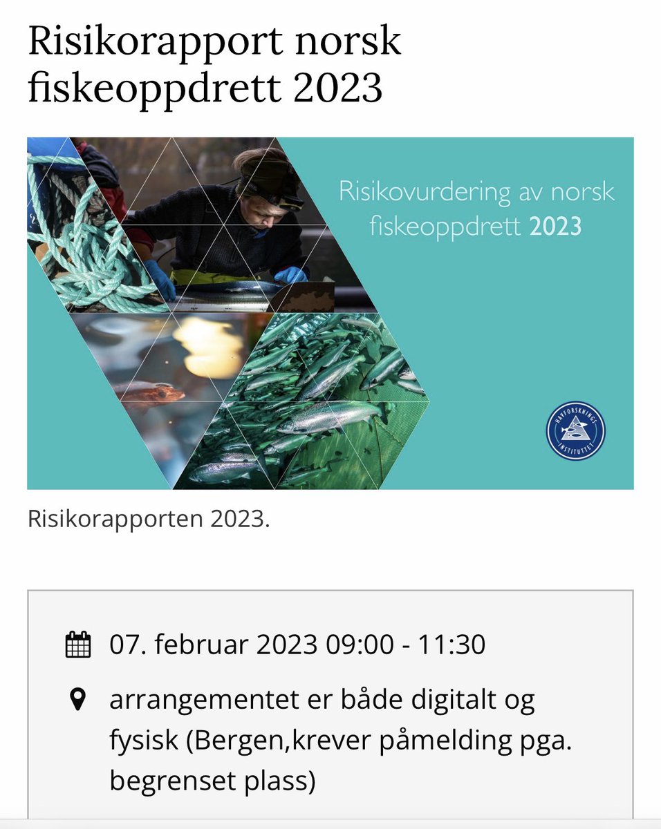 Monica F. Solberg (@solberg_mf) on Twitter photo Risikorapport norsk fiskeoppdrett 2023 lanseres tirsdag 7. feb, kl. 9. Jeg vil presentere risiko knyttet til innkryssing av rømt oppdrettslaks //<a href="/Havforskningen/">Havforskningsinstituttet</a> <a href="/NINAforskning/">NINA naturforskning</a>
Link til fysisk påmelding 👇
Link til streaming vil bli lagt ut på hi. no
hi.no/hi/om-oss/arra… Risikorapport norsk fiskeoppdrett 2023 lanseres tirsdag 7. feb, kl. 9. Jeg vil presentere risiko knyttet til innkryssing av rømt oppdrettslaks //<a href="/Havforskningen/">Havforskningsinstituttet</a> <a href="/NINAforskning/">NINA naturforskning</a>
Link til fysisk påmelding 👇
Link til streaming vil bli lagt ut på hi. no
hi.no/hi/om-oss/arra…
