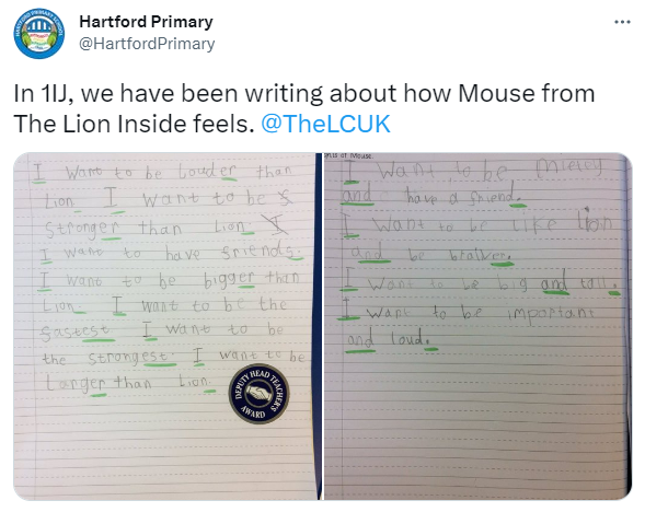 TheLCUK's tweet photo. Happy Friday everyone! You know what that means... #WorkerOfTheWeek time! A big well done to 1IJ @HartfordPrimary this week. Here we can see some use of 'and', suffixes being added, like in "bigger" and "strongest", and consistent punctuation. You're mastery key superstars! 🤩 https://t.co/799ydMVDv9