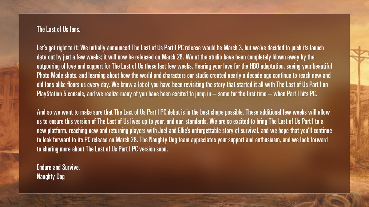 Naughty Dog Info 🐾 on X: A The Last of Us Part I PC hotfix is set to go  live today, Tuesday April 4th. According to ND, this hotfix will address  issues