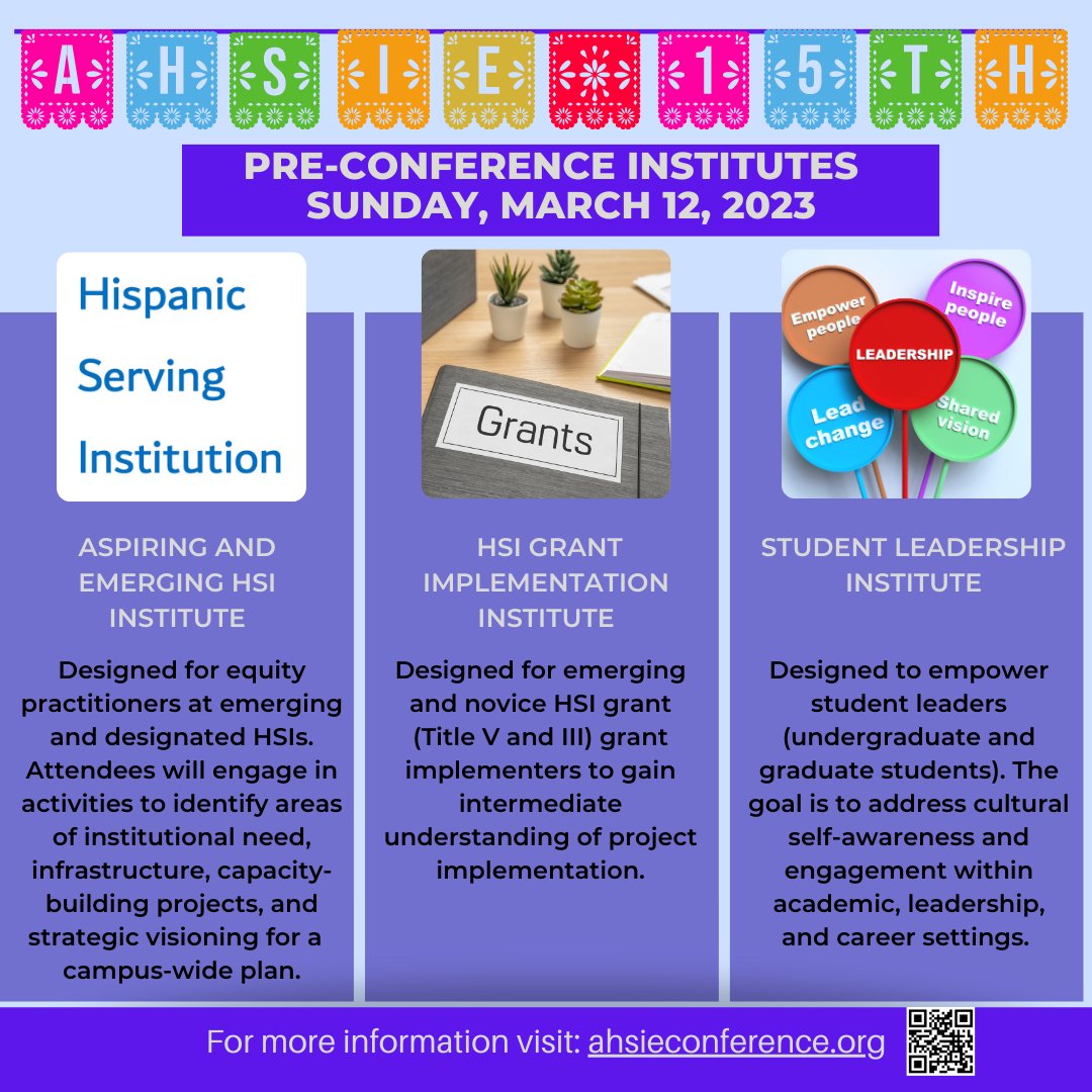 ahsieducators's tweet image. We have 3 pre-conference institutes on March 12, 2023! Institutes are an add-on purchase  to the conference.

Attendance is limited to 100 attendees per institute. 

Visit ahsieconference.org  for info
#hsi #ahsie2023 #ahsieeducators #studentleaders #hsigrant #titleVgrant
