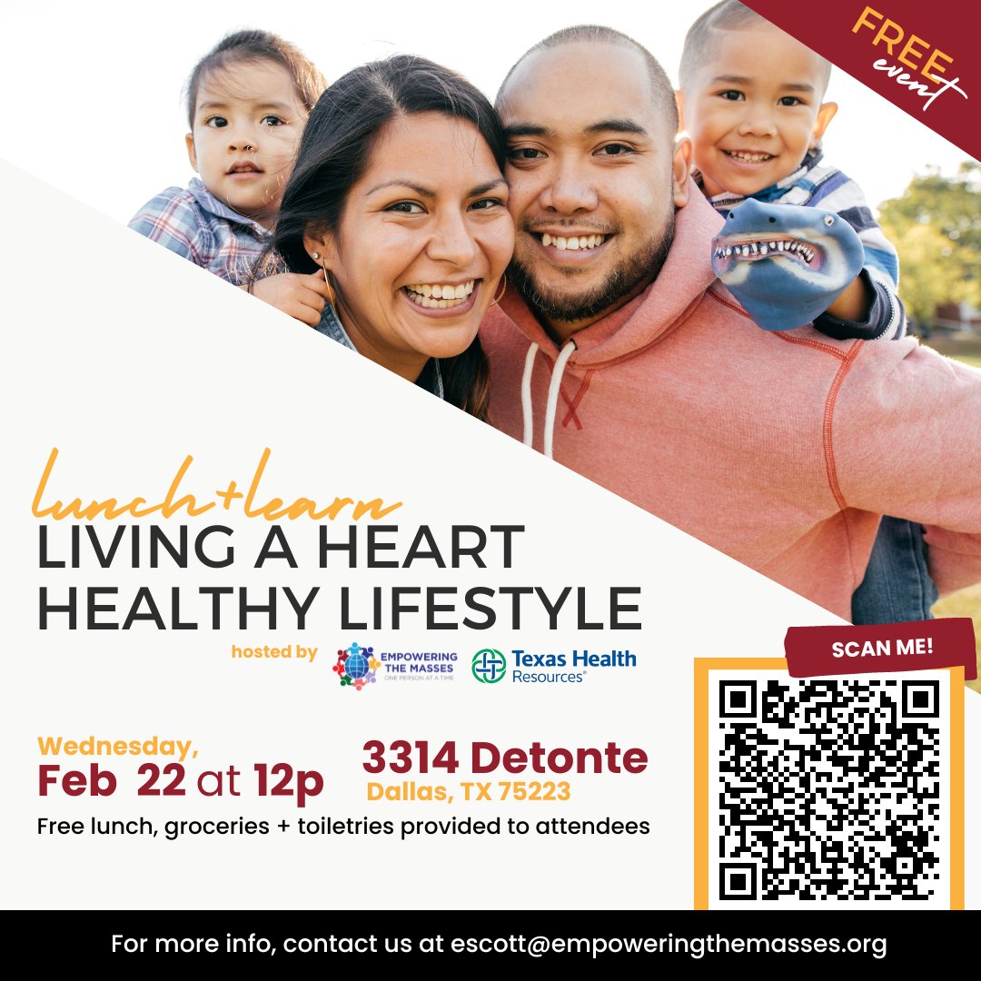EmpoweringDFW's tweet photo. Hi ETM Fam! Mark your calendar for Wed, Feb 22. Join us for the first #learnandlearn about heart-healthy living from our friends at @texashealth ! Free event! Visit https://t.co/Wc25197prr to register today. #AmericanHeartHealthMonth #NationalWearRedDay #HeartDiseaseAwareness https://t.co/EfEluJr56z