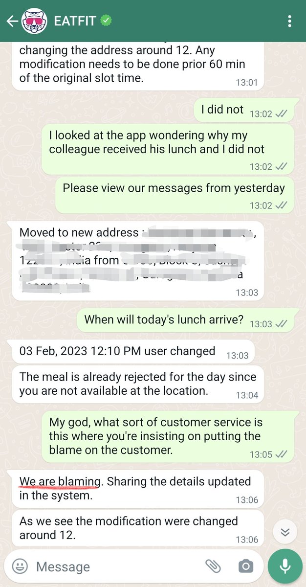 AnuGulmohar's tweet photo. @the_eatfit really knows how to aim for customer delight. Haven't interacted with a more indifferent and rude customer service rep ever. #eatfit #cultfit #customerexperience https://t.co/sqiV8YqzWr