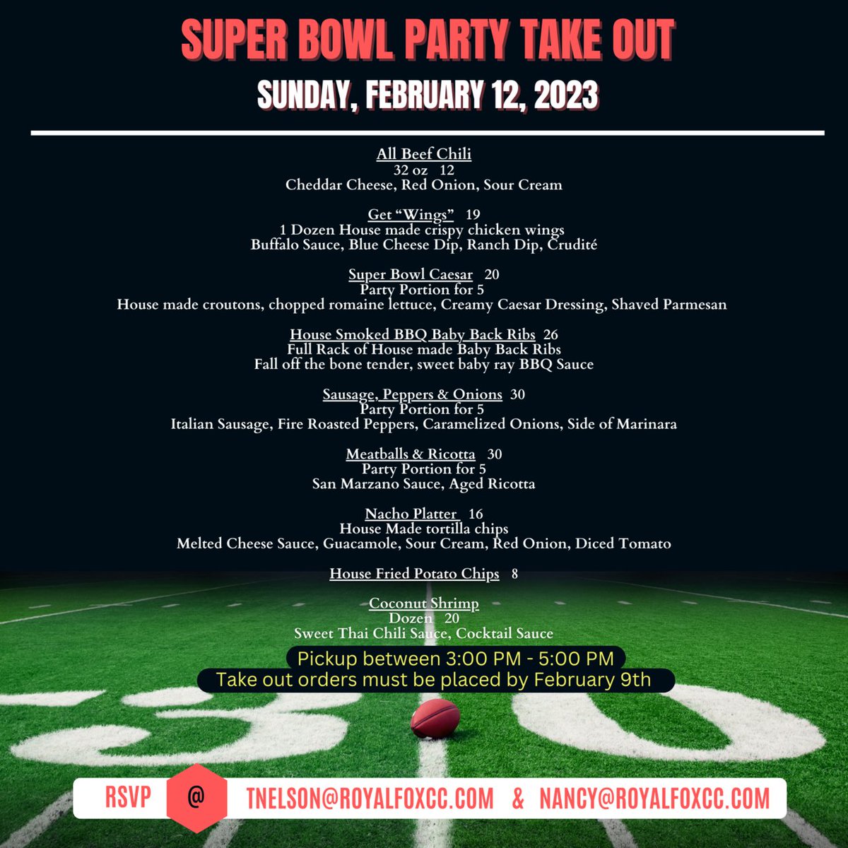 TheRoyalFoxCC's tweet photo. Get ready for game day! Place your takeout orders for our Super Bowl party by February 9th. Pickup on Sunday, February 12th between 3-5 PM. #SuperBowl #Takeout #Party #RoyalFoxcc https://t.co/3tay2PgSOL
