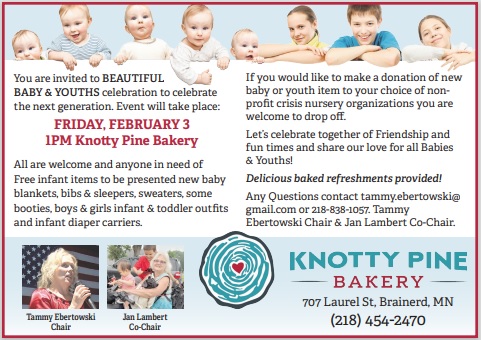 Anyone needing infant items to be presented with new baby blankets, bibs & sleepers, sweaters, outfits, and so much more!

#KnottyPine
#brainerdlaps