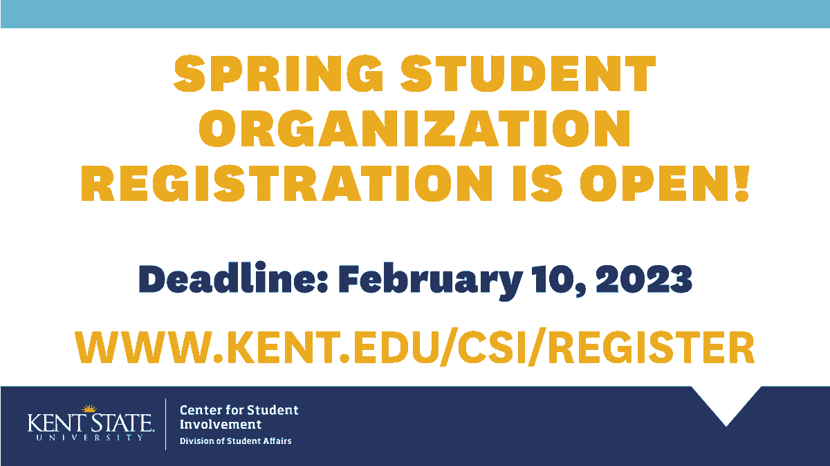 CSIKent's tweet image. There is only one week left of Spring 2023 Student Organization Registration! To register, visit: kent.edu/csi/register ⚡