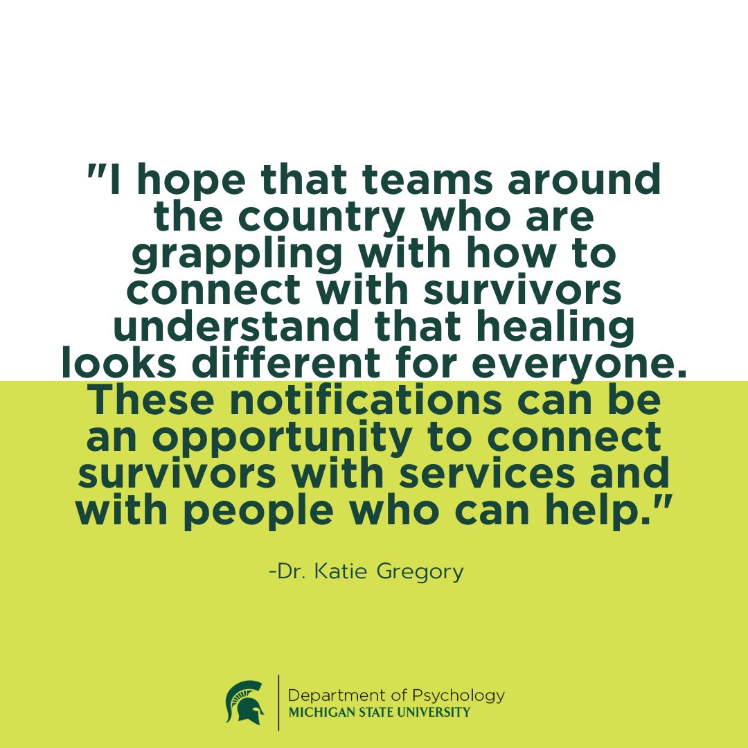 MsuPsychology's tweet photo. 📢Drs. Rebecca Campbell and Katie Gregory recently concluded a major 3-year study looking at the victim notification process for Detroit’s untested sexual assault kit survivors. 

Read more: https://t.co/OU6cmlLIIa 

#MSUSocialScience #MSUNews #VictimNotification #MSUPsychology https://t.co/2DhUEjiTHz