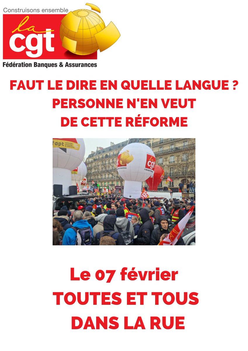 CgtBanqueAssura's tweet photo. Le 07 février on sera là de nouveau..
#greve7fevrier #ReformeDesRetraites https://t.co/RBn7svQFNP