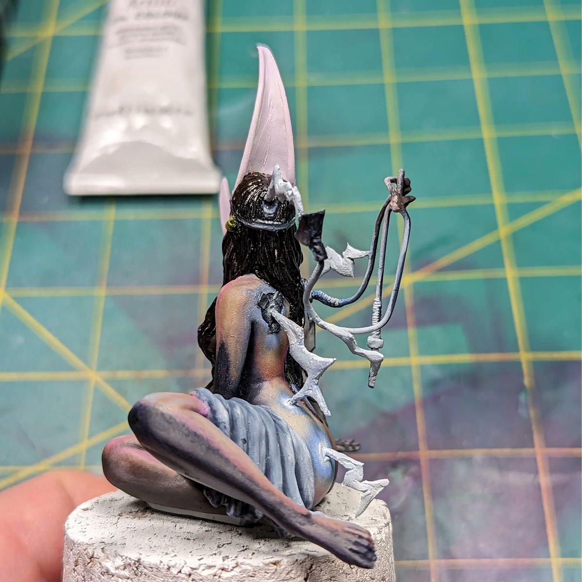 SteepTPainting's tweet photo. Tonight’s work was mostly prep for Saturday, the hair and a few other parts needed a solid shadow and some time to dry before we can really get the hair looking good! The plan is for a silver hair met with a streak of color, I’m excited to see how it looks! https://t.co/U7ANxu1OD3