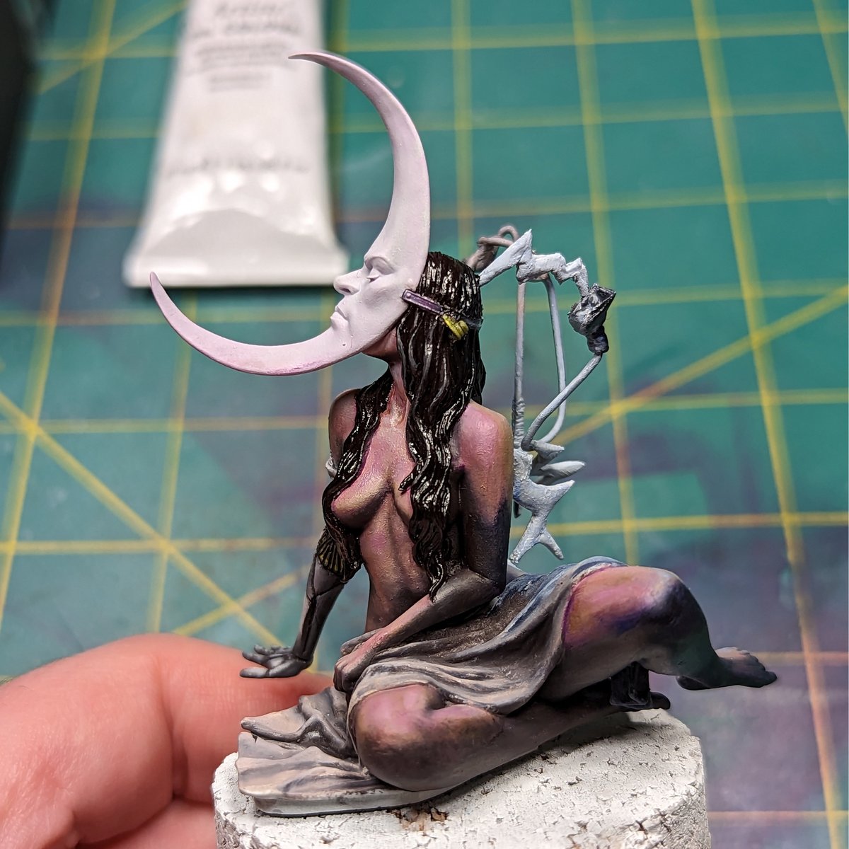 SteepTPainting's tweet photo. Tonight’s work was mostly prep for Saturday, the hair and a few other parts needed a solid shadow and some time to dry before we can really get the hair looking good! The plan is for a silver hair met with a streak of color, I’m excited to see how it looks! https://t.co/U7ANxu1OD3