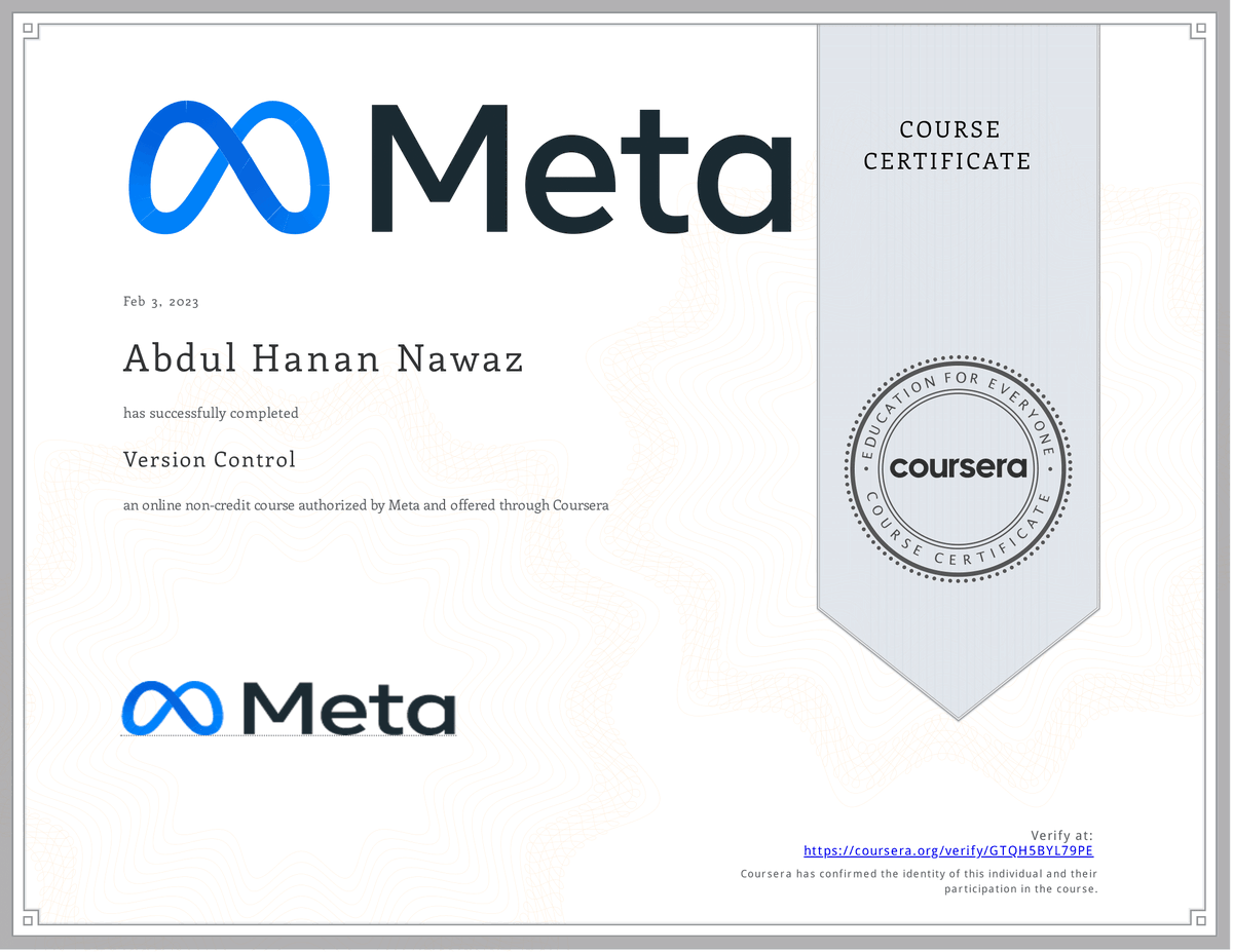 HananNawaz0's tweet photo. I completed Version Control! Check out my certificate.

2nd Course of Meta Certified Android Developer.

@AndroidDev 
@Android 
@github https://t.co/HlGAPNkttK