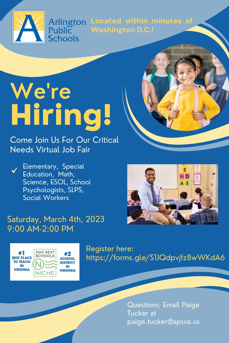 Come work for the <a target='_blank' href='http://search.twitter.com/search?q=1'><a target='_blank' href='https://twitter.com/hashtag/1?src=hash'>#1</a></a> Place to Teach in Virginia! Please join us for our Critical Needs Virtual Fair! Register here! <a target='_blank' href='https://t.co/G1ghh0ESvJ'>https://t.co/G1ghh0ESvJ</a>  <a target='_blank' href='http://search.twitter.com/search?q=apsisawesome'><a target='_blank' href='https://twitter.com/hashtag/apsisawesome?src=hash'>#apsisawesome</a></a> <a target='_blank' href='http://twitter.com/APSVirginia'>@APSVirginia</a> <a target='_blank' href='https://t.co/nRFHa5C86A'>https://t.co/nRFHa5C86A</a>