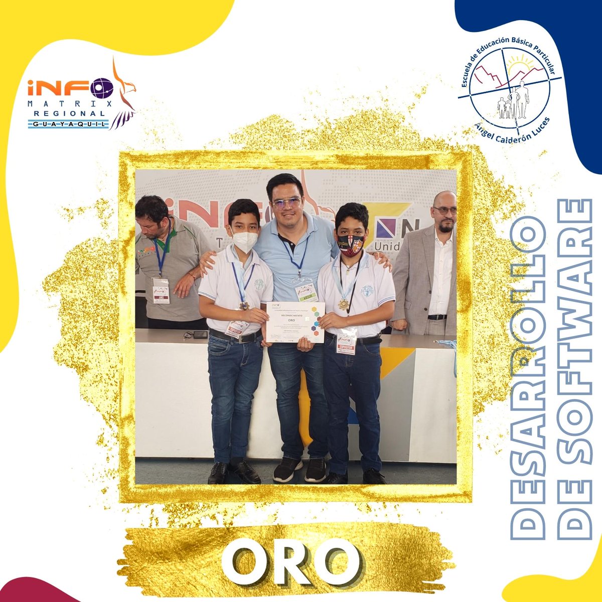 milguez's tweet photo. Me satisface compartir que en calidad de asesor del proyecto educativo "Cleaning Seas" obtuvimos medalla de 𝗢𝗥𝗢 🥇 en #InfomatrixGuayaquil sede @cenuevomundo en Samborondón 🇪🇨 
¡Felicitaciones a los estudiantes! 🏆 
#Ecuador #Infomatrix #Solacyt https://t.co/KczCD0VtFq