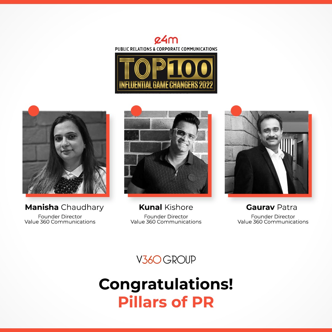value_360's tweet photo. A proud moment for V360! Congratulations to Kunal Kishore, Gaurav Patra, and Manisha Chaudhary for bagging a place in the "Top 100 Influential Game Changers" in 2022. Gearing up for more such laurels!
#Value360 #V360Group #Congratulations #PR #Top100 #leaders https://t.co/yngbVjDCW2