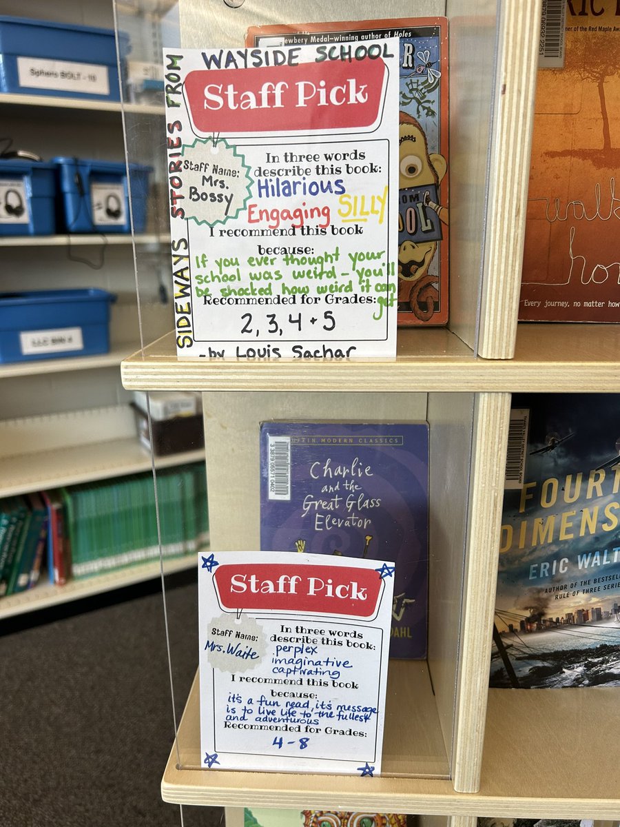 Excited to have our new “Staff Picks” shelf up and running! Already, one of our students was thrilled to discover the Chronicles of Narnia series recommended by one of our awesome EAs! @jrcallwood #staffpicks #connectingthroughliterature