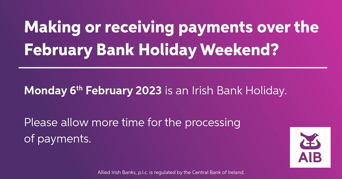 Wishing our customers an enjoyable & safe bank holiday weekend ahead. Please be aware that payments due into your account from other Banks and SEPA Direct Debits from your account over the weekend may not be processed until Tuesday. If you have any queries please let us know 💬