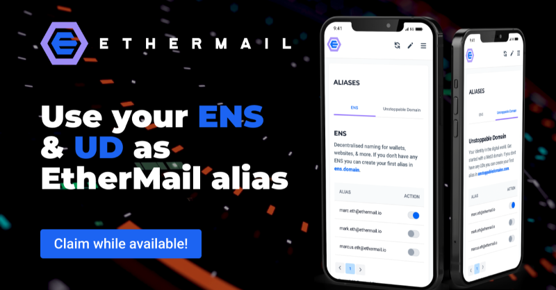ethermail_io's tweet photo. Attention UD &amp; ENS Holders! 10m EMCs raffled and airdropped upon sign up with EtherMail. Turn 0x3f...01b@ethermail.io into marc.eth@ethermail.io. Claim your Web3 email, while it's available!