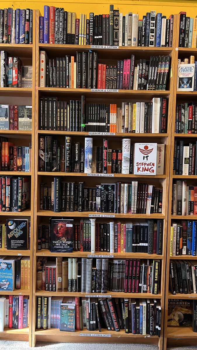 SV_VT's tweet photo. We’ve been expanding our horror section, but @StephenKing keeps writing books and will not stop so roughly two of the eight shelves belong to just him. https://t.co/2OHrCf4XAa