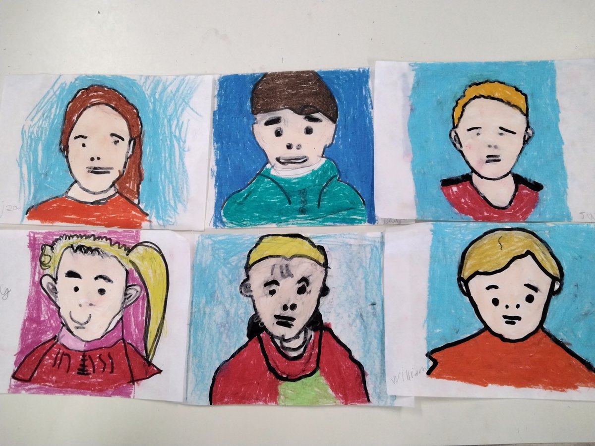BCEVCPSquirrels's tweet photo. Today in art Squirrel class created some self-portraits in the style of Julian Opie. We used tracing paper, marker pens and oil pastels. https://t.co/rRbms45Auw