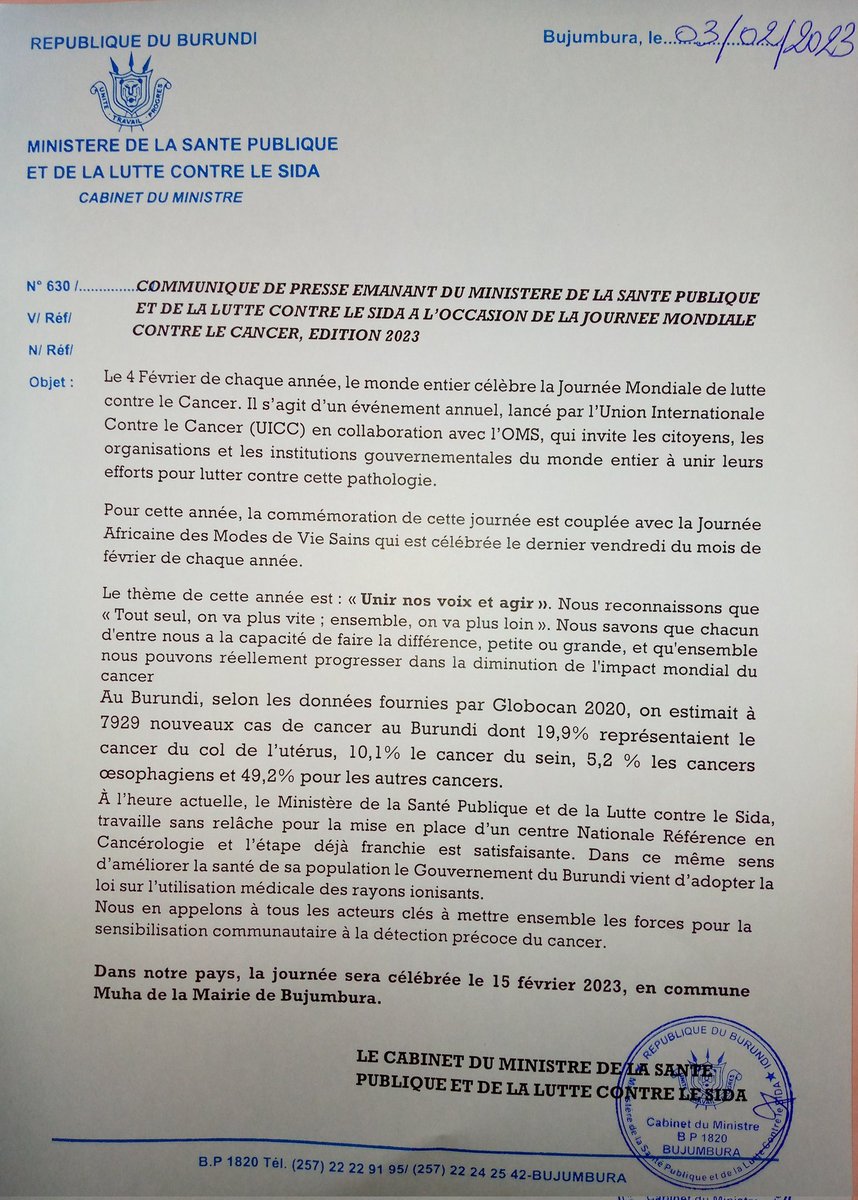 Le Cabinet du @mspls_bdi vient de rendre au public un communiqué à l'occasion de la célébration de journée mondiale de lutte contre le #cancer.
