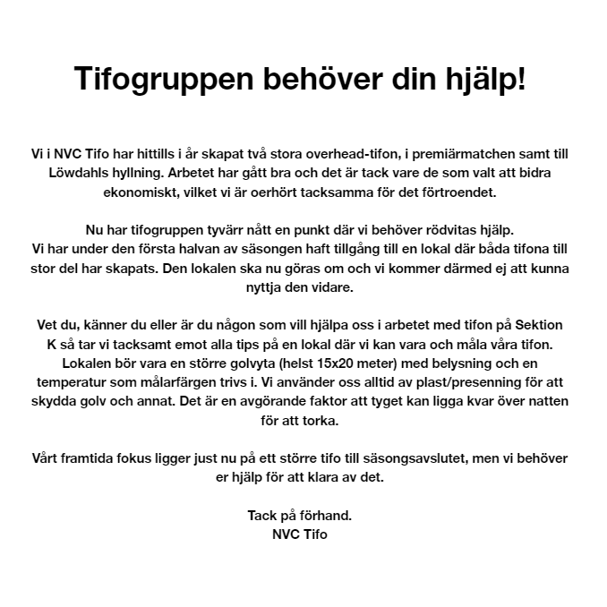 NVCTifo's tweet photo. Tifogruppen behöver din hjälp. Info i bild 2.

#örebrohockey #NVCTifo https://t.co/ZvqGJsoDB4
