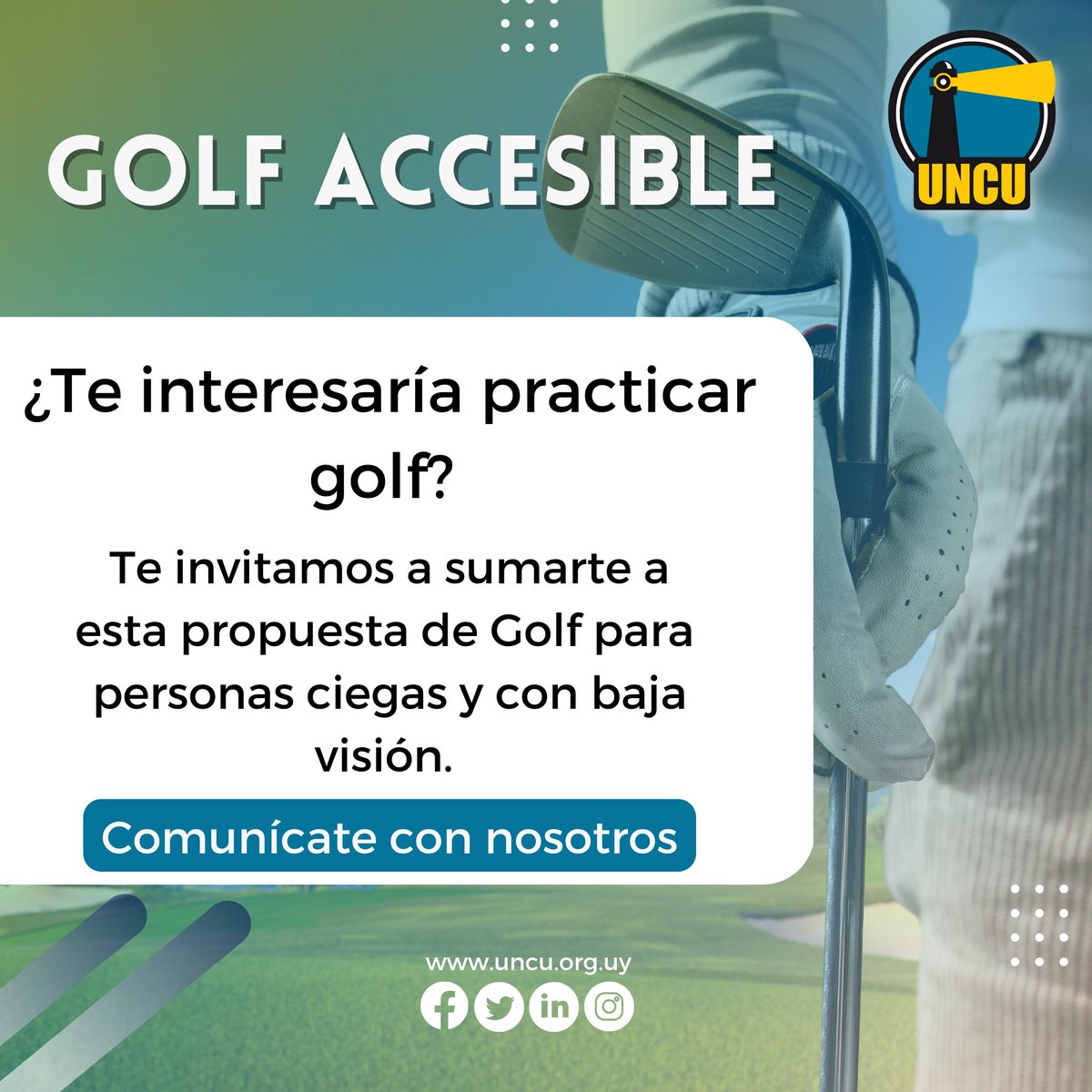uncu_1950's tweet photo. GOLF PARA PERSONAS CIEGAS Y CON BAJA VISIÓN 🏌️

UNCU te invita a practicar este hermoso deporte de pelota quieta que mejor la estabilidad y la alineación de nuestro cuerpo.

Comunícate al 2 903 3022 o al WhatsApp 092 432 748

#UncuSeMueve #Accesibilidad #Ceguera #BajaVisión https://t.co/a4YjfaQ6A1