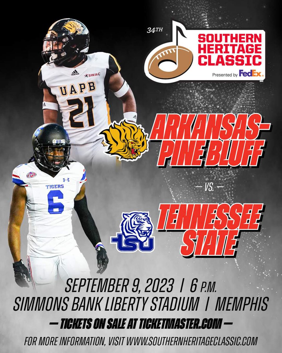 Southern Heritage Classic (@classicmemphis) on Twitter photo Southern Heritage Classic presented by FedEx tickets are on sale NOW! We can't wait to see <a href="/UAPBLionsRoar/">𝐆𝐨𝐥𝐝𝐞𝐧 𝐋𝐢𝐨𝐧𝐬 𝐀𝐭𝐡𝐥𝐞𝐭𝐢𝐜𝐬</a> take on <a href="/TSUedu/">Tennessee State University</a> at <a href="/SBLibertyStad/">Simmons Bank Liberty Stadium</a>. Use this link to purchase! bit.ly/3DFFMoR #ClassicMemphis #SHC Southern Heritage Classic presented by FedEx tickets are on sale NOW! We can't wait to see <a href="/UAPBLionsRoar/">𝐆𝐨𝐥𝐝𝐞𝐧 𝐋𝐢𝐨𝐧𝐬 𝐀𝐭𝐡𝐥𝐞𝐭𝐢𝐜𝐬</a> take on <a href="/TSUedu/">Tennessee State University</a> at <a href="/SBLibertyStad/">Simmons Bank Liberty Stadium</a>. Use this link to purchase! bit.ly/3DFFMoR #ClassicMemphis #SHC