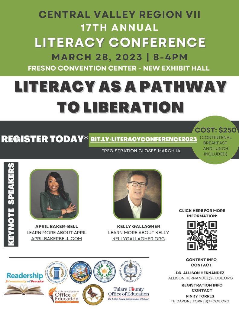The 17th annual Central Valley Literacy Conference will be held Tuesday, March 28, 2023 at the Fresno Convention Center. Register today using the following link: bit.ly/LiteracyConfer… .