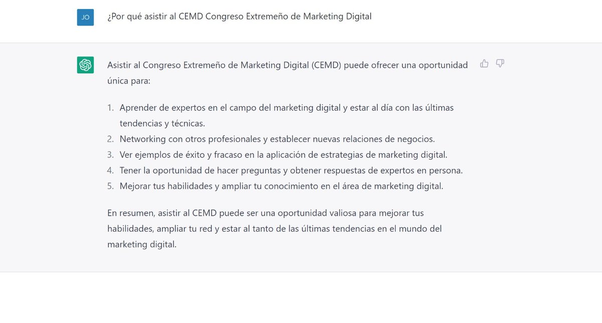 contacteando's tweet photo. Hemos preguntado en Directo a #ChatGPT :

¿Por qué asistir al @CEMKTD ?

Y nos dice esto...

#CEMD2023 https://t.co/iveDPqa2nz