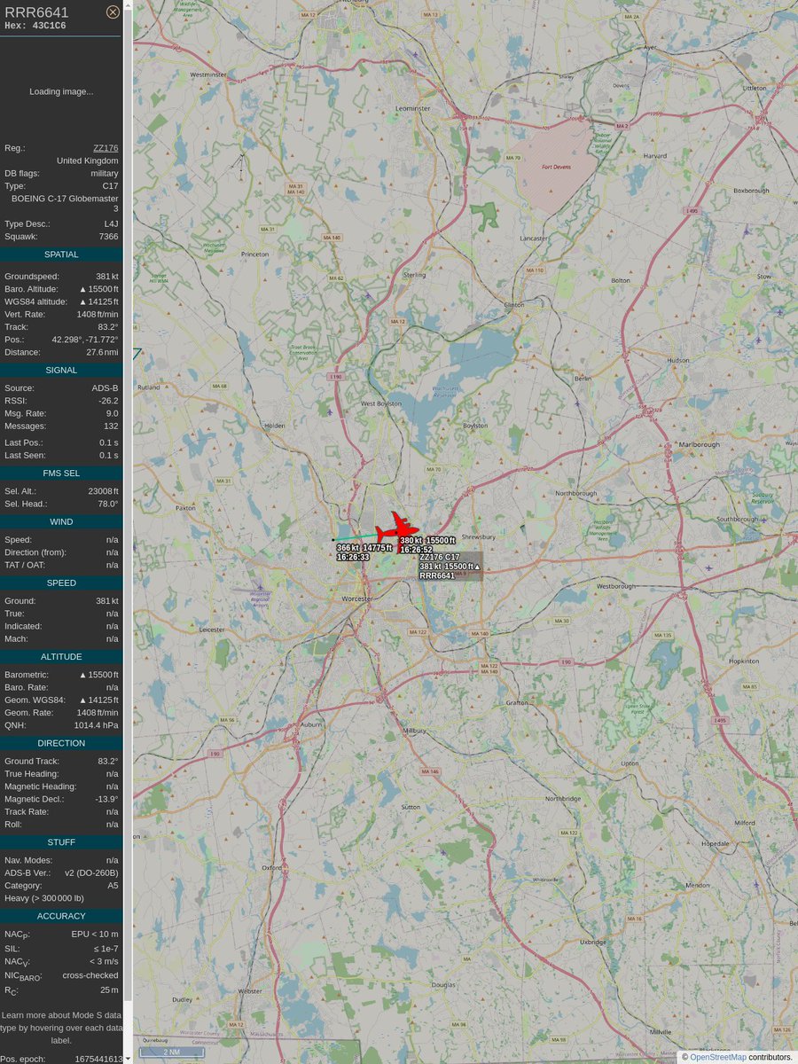 #PlaneAlert ICAO: #43C1C6 Tail: #ZZ176 
Owner: #RoyalAirForce
Aircraft: #C-17A Globemaster III
2023/02/03 11:26:34
#C17 #TacticalAirlift #Globemaster #AbsoluteUnit raf.mod.uk 
globe.adsbexchange.com/?icao=43C1C6&s…