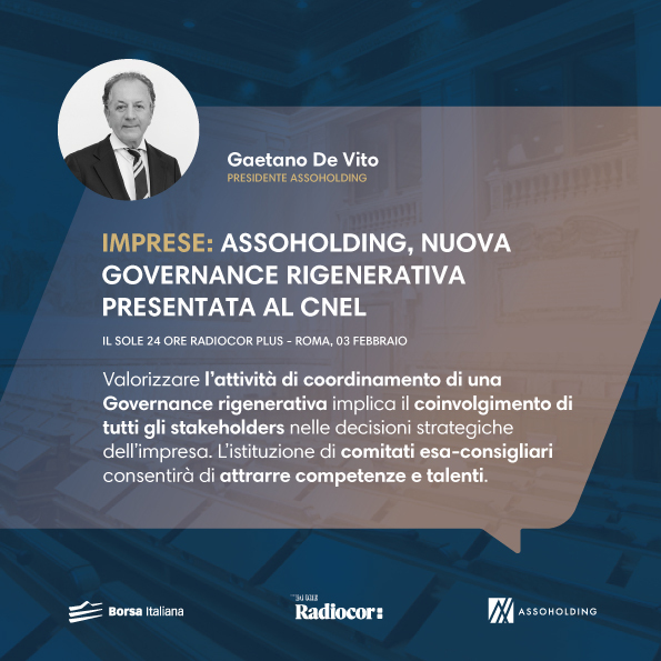 🔴Durante l'evento organizzato dal <a href="/cnel_it/">Consiglio Nazionale dell'Economia e del Lavoro</a> , il Presidente di Assoholding, Gaetano De Vito, ha presentato il progetto di ricerca dell'Associazione mirato a declinare il concetto di Rigenerazione sui processi reali di Governance d'impresa.

#pubblicaffairs #communications #policy