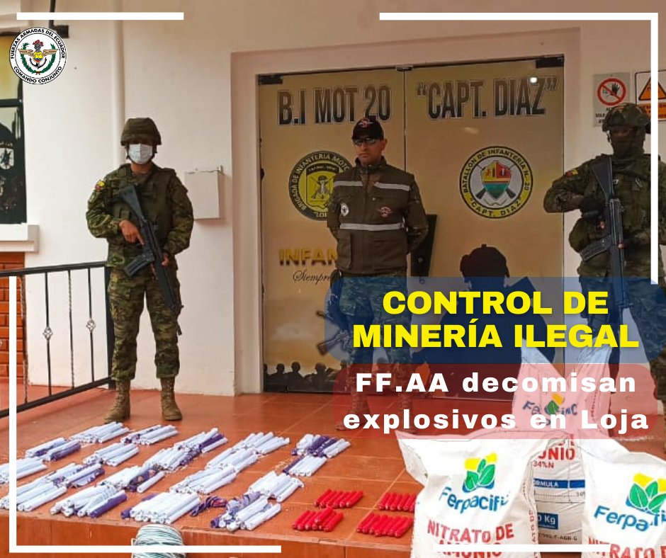 FFAAECUADOR's tweet photo. 🔴#ATENCIÓN
#Loja
@FFAAECUADOR
en una operación militar en la parroquia #Utuana para controlar la minería ilegal, decomisaron: 64 fulminantes, 220 tacos explosivos, 03 sacos de nitrato de amonio de 50 kg. con capacidad de elaborar 900 tacos explosivos y 80 mts. de mecha lenta. https://t.co/ONwXPlTuik