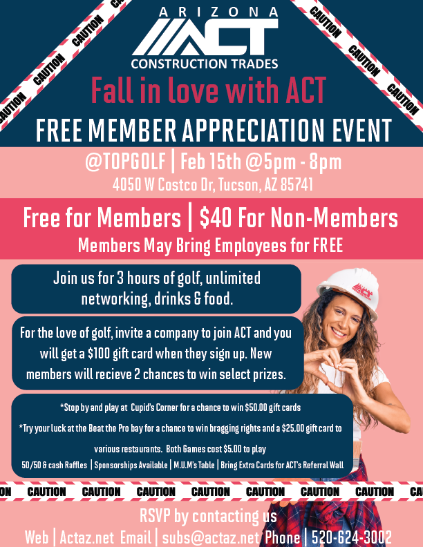 Fall in love with ACT and join in on three hours of free golf, unlimited networking, food &amp; drinks <a href="/Topgolf/">Topgolf</a> Feb 15th from 5pm-8pm.Members &amp; Member’s employees attend for free, and non-members are invited to join for $40 per person.
#tucson #nonprofit