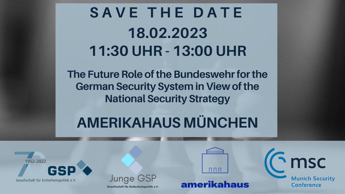 Der Countdown läuft! In zwei Wochen findet die <a href="/MunSecConf/">Munich Security Conference</a> statt! Seid gespannt - im Laufe der nächsten Woche könnt ihr euch für das Side-Event im Amerikahaus registrieren! …und dann verraten wir auch unsere Speaker 😉 <a href="/jgsp_Muenchen/">Junge GSP München (inaktiv)</a> <a href="/GSPSipo/">Gesellschaft für Sicherheitspolitik e.V. (GSP)</a> <a href="/GspBerlin/">GSP - Sektion Berlin</a>