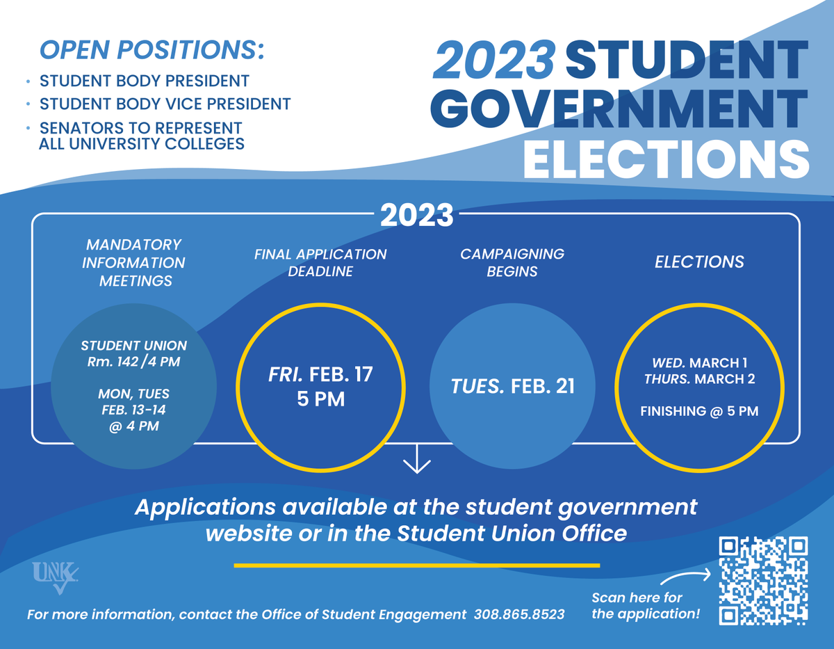 Serve UNK as part of Student Government. Applications open for Student Body President/Regent, Student Body Vice President and Student Senator. Attend 1 of 2 mandatory meetings Feb. 13-14. Application deadline: Feb. 17, 5 pm at unk.co1.qualtrics.com/jfe/form/SV_7V… or scan QR code in flyer.