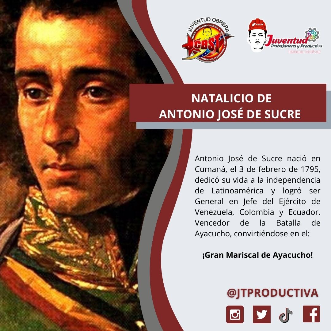 🇻🇪 🗓️ ¡SUCRE HOMBRE SUR!

228 años del Natalicio del hijo de America, Antonio José de Sucre. Héroe de la Patria.

___
#ProducciónYFuturo 
#JuventuHechaCPTT 
#VenezuelaPotencia 
#SucreHombreSur