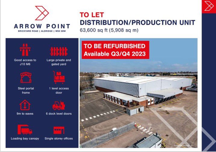 COMING SOON, TO LET: 63,600 sq ft, Arrow Point, Brickyard Road, Aldridge, WS9 8BW. A modern detached Distribution / Production unit, to be refurbished, available Q3/4 2023. For more information please contact us on 0121 647 3541 or visit darbykeye.co.uk.