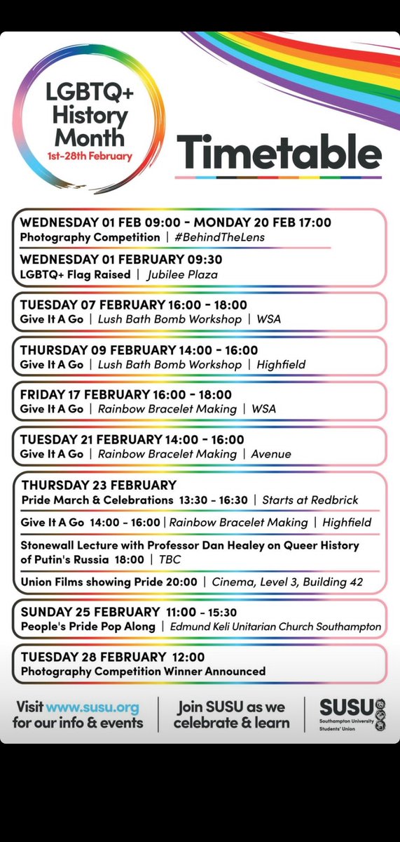It's #LGBTplusHM . Check out what @Union_Soton have planned to celebrate LGBT+ History Month! 🏳️‍🌈🏳️‍⚧️ #BehindTheLens #LGBTHM23 #LGBTQIA+ #LGBTQIAOT @LGBTQIAOTUK