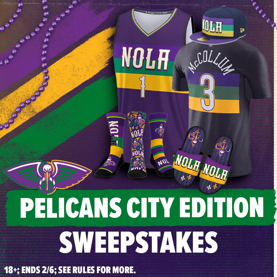 New Orleans Pelicans on X: In celebration of Carnival season, we're giving  away a Mardi Gras-inspired City Edition swag pack featuring Zion jersey, CJ  tee, hat, 3-pack of socks, and sandals! Sign