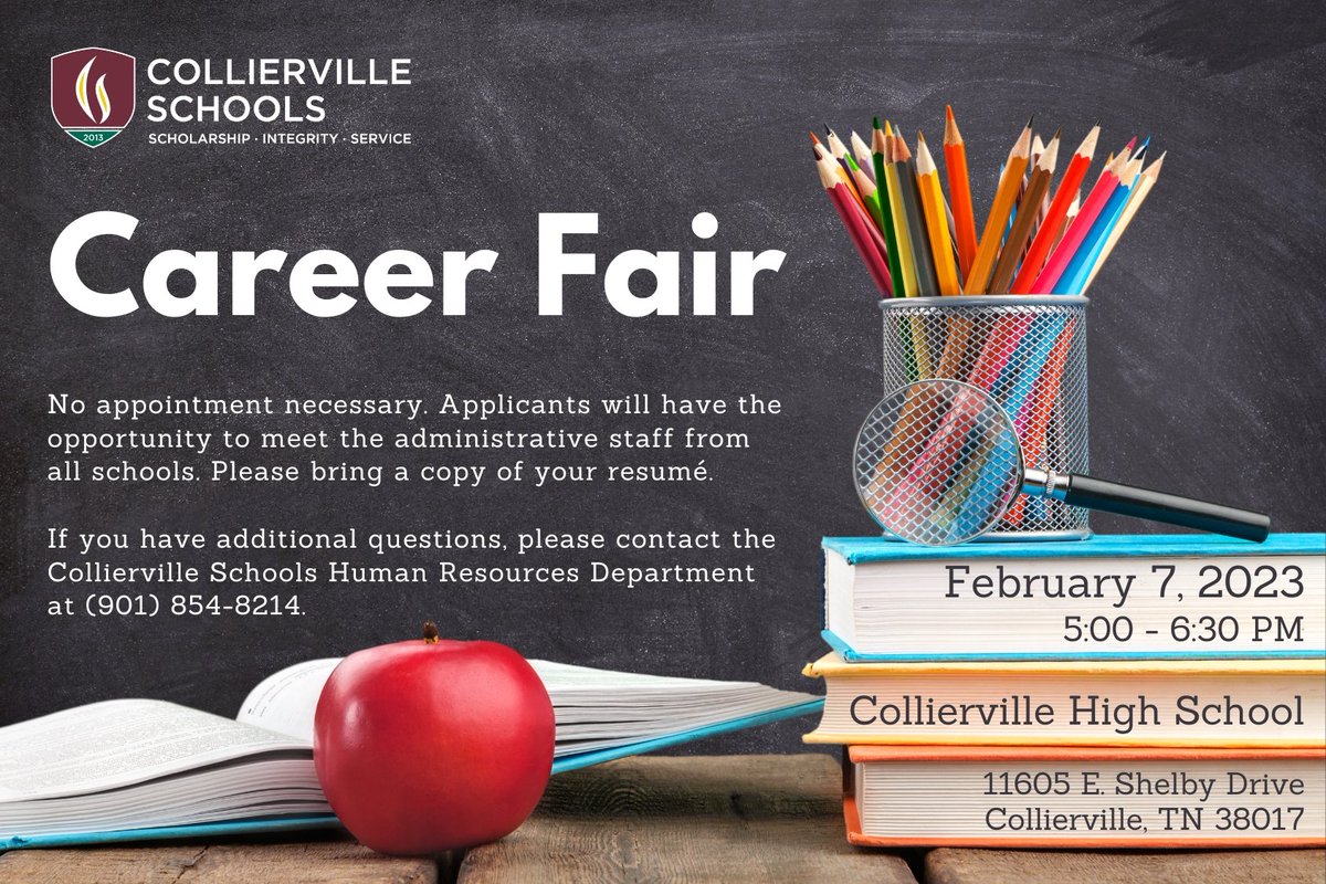 As a reminder, we are hosting our 2023 Career Fair on Tuesday, February 7 at <a href="/CHSDragons/">Collierville High</a>! 

No appointment necessary. Applicants will have the opportunity to meet the admin staff from all schools. Please bring a copy of your resumé.

For more information: colliervilleschools.org/apps/pages/car…