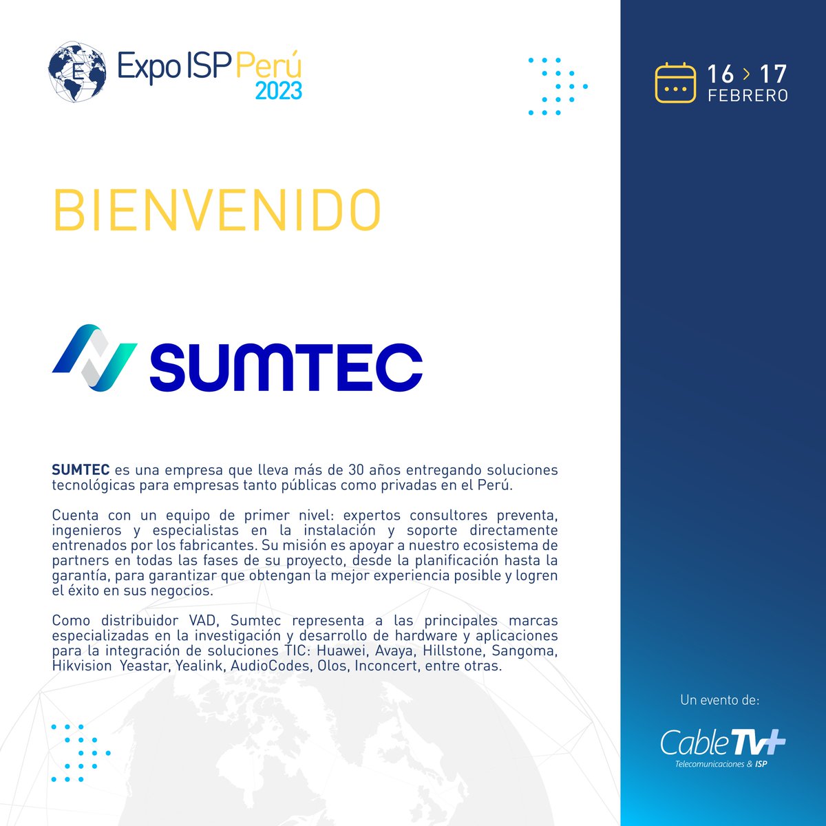 ExpoISPPeru's tweet photo. ✅¡Bienvenidos #Sumtec a #ExpoISP #Perú!

👷🏻‍♂️#SUMTEC es un distribuidor de valor agregado VAD con más de 30 años de presencia en el mercado peruano, especialista en la comercialización, diseño, implementación y soporte de soluciones TIC para el sector corporativo público y privado https://t.co/7M8Z6Sn293