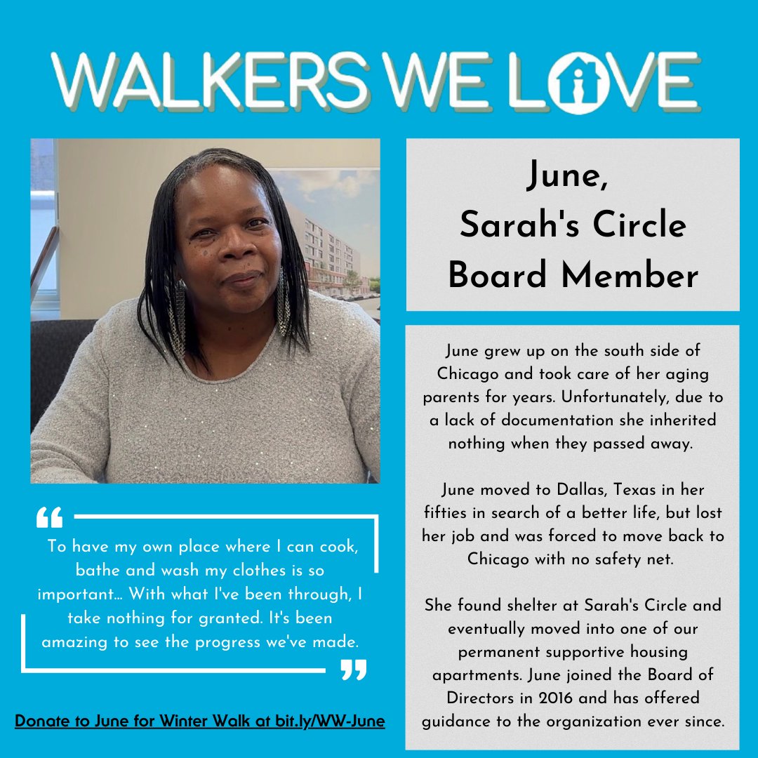 June, who has overcome homelessness and now serves on the Board of Directors at Sarah’s Circle, is an inspiring example of how taking action on homelessness changes lives. You can donate in her honor and support her fundraising team for Winter Walk at bit.ly/WW-June!