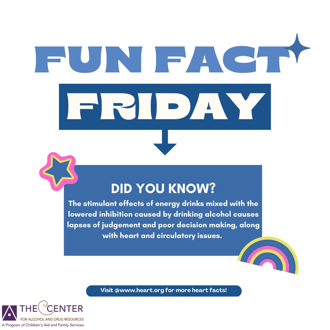 TCADR's tweet photo. Next time you are considering drinking an energy drink, think about the effects. Research shows that consumption of these highly-caffeinated drinks can lead to various heart problems, especially when mixed with alcohol.  #funfactfriday #hearthealthawareness https://t.co/TGLPyK974x