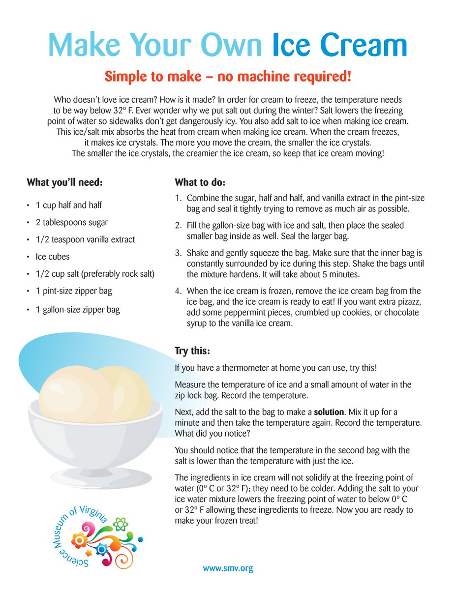 ScienceMusofVA's tweet image. Tomorrow is #IceCreamforBreakfastDay! A seriously fun holiday in its own right, but it can be made even sweeter if you make the ice cream yourself 😋. We've got you covered with this STEM at Home activity. 🍦 #Rva #VAMuseums #STEM #FoodScience