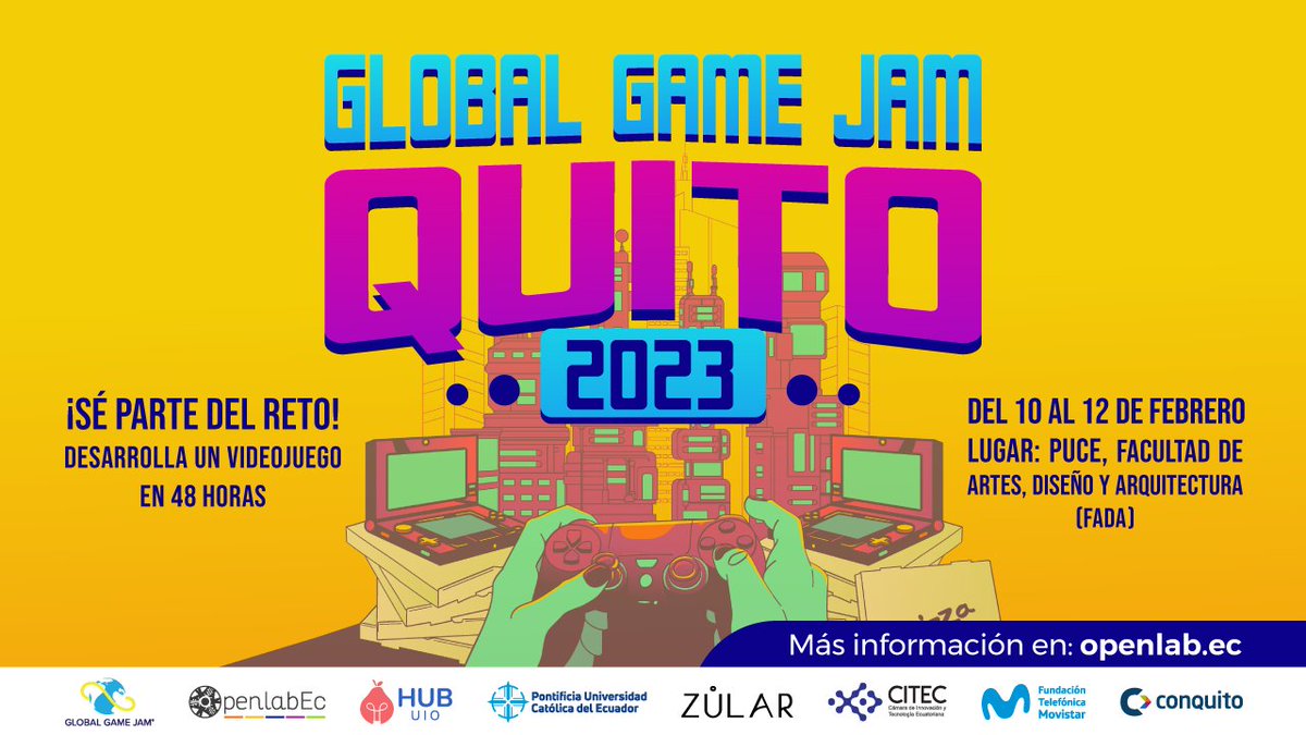 🚀Participa del desarrollo de un #videojuego durante el #GlobalGameJam Quito 2023

👥Una construcción que necesita arte, creatividad y emoción. 

📌Forma parte de esta gran comunidad openlab.ec/ggjuio2023

✋Únete, con o sin conocimiento en la industria