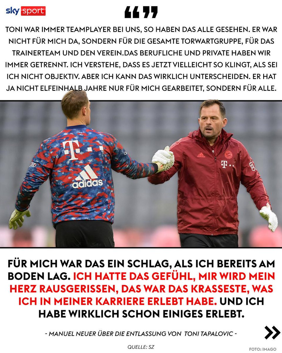 SkySportDE's tweet photo. Manuel Neuer findet deutliche und äußerst kritische Worte zur Entlassung von Bayerns Torwartrainer Toni Tapalovic. 😳🚨

#SkySport #Neuer #FCBayern https://t.co/O0yTOBnTLs